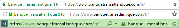 Les barres d’adresses de Chrome, Firefox et Internet explorer quand le navigateur affiche le site transatplan.banquetransatlantique.com